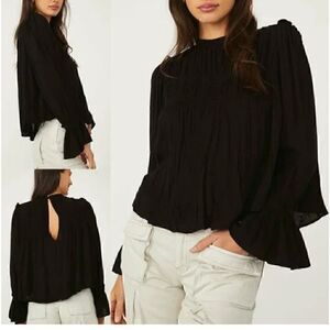 NEW! Free People Kelsey Flare Long Bell Sleeves Blouse Top S Black Pleated